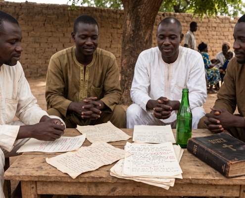 Équipe de rédaction d'une radio communautaire au Nord-Cameroun préparant une émission avec des notes et une bible