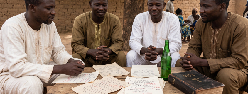 Équipe de rédaction d'une radio communautaire au Nord-Cameroun préparant une émission avec des notes et une bible